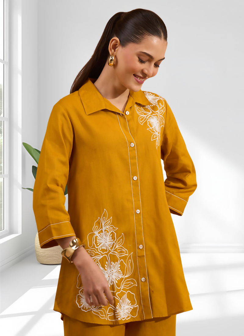 Joban Fashion Mustard Cotton, Linen Embroidered Readymade Cord Set | Grocsy