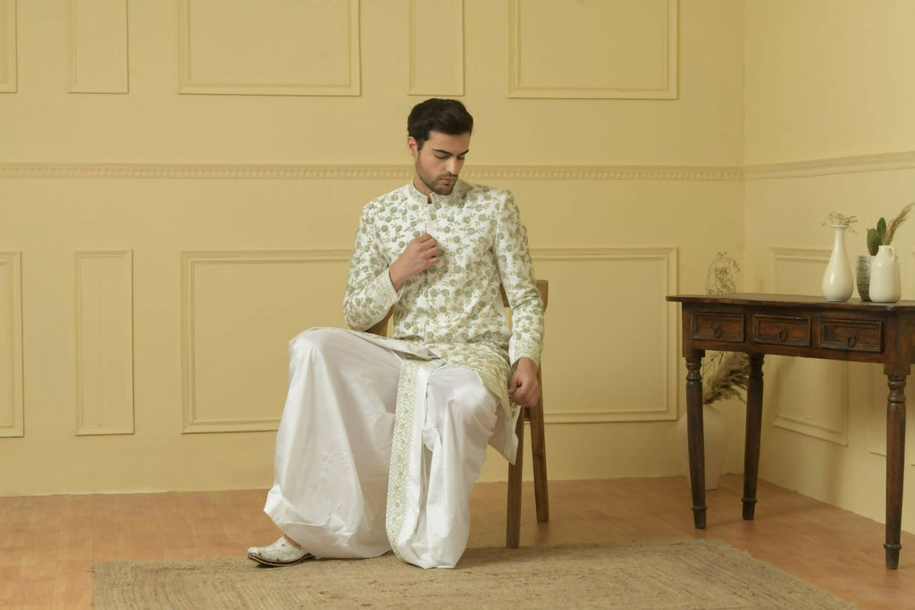 Off White Embroidered Sherwani by Hilo Design | Grocsy