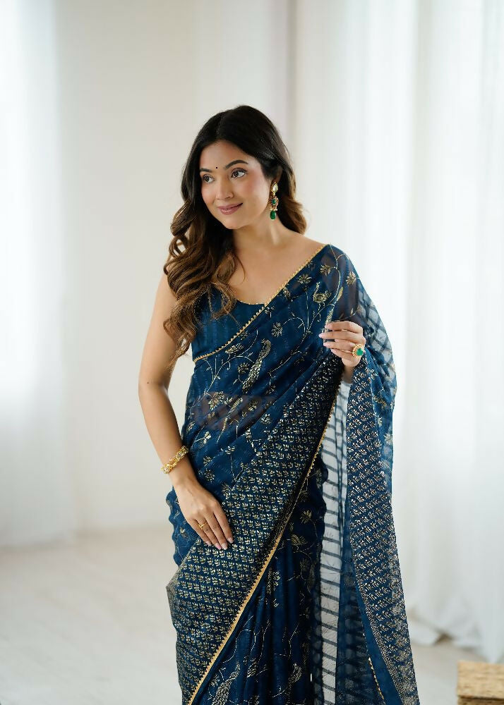 PR Fashion Morpich Georgette Patta Plain With Foil Work And Small Lace And Zalar Lace Saree | Grocsy