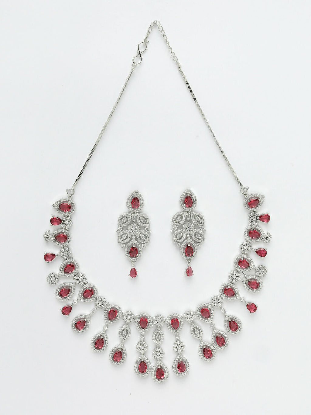 NVR Women's silver plated Maroon CZ stone handcrafted jewellery set | Grocsy