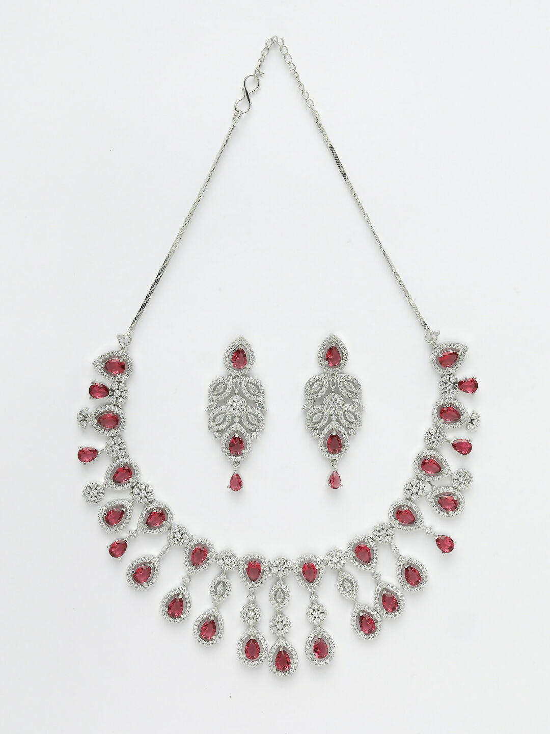 NVR Women's silver plated Maroon CZ stone handcrafted jewellery set | Grocsy