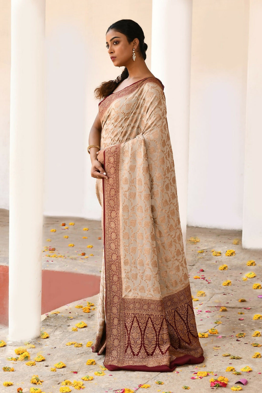 Joban Fashion Crème Crepe Chiffon Pure Handloom Banarasi Silk Saree | Grocsy