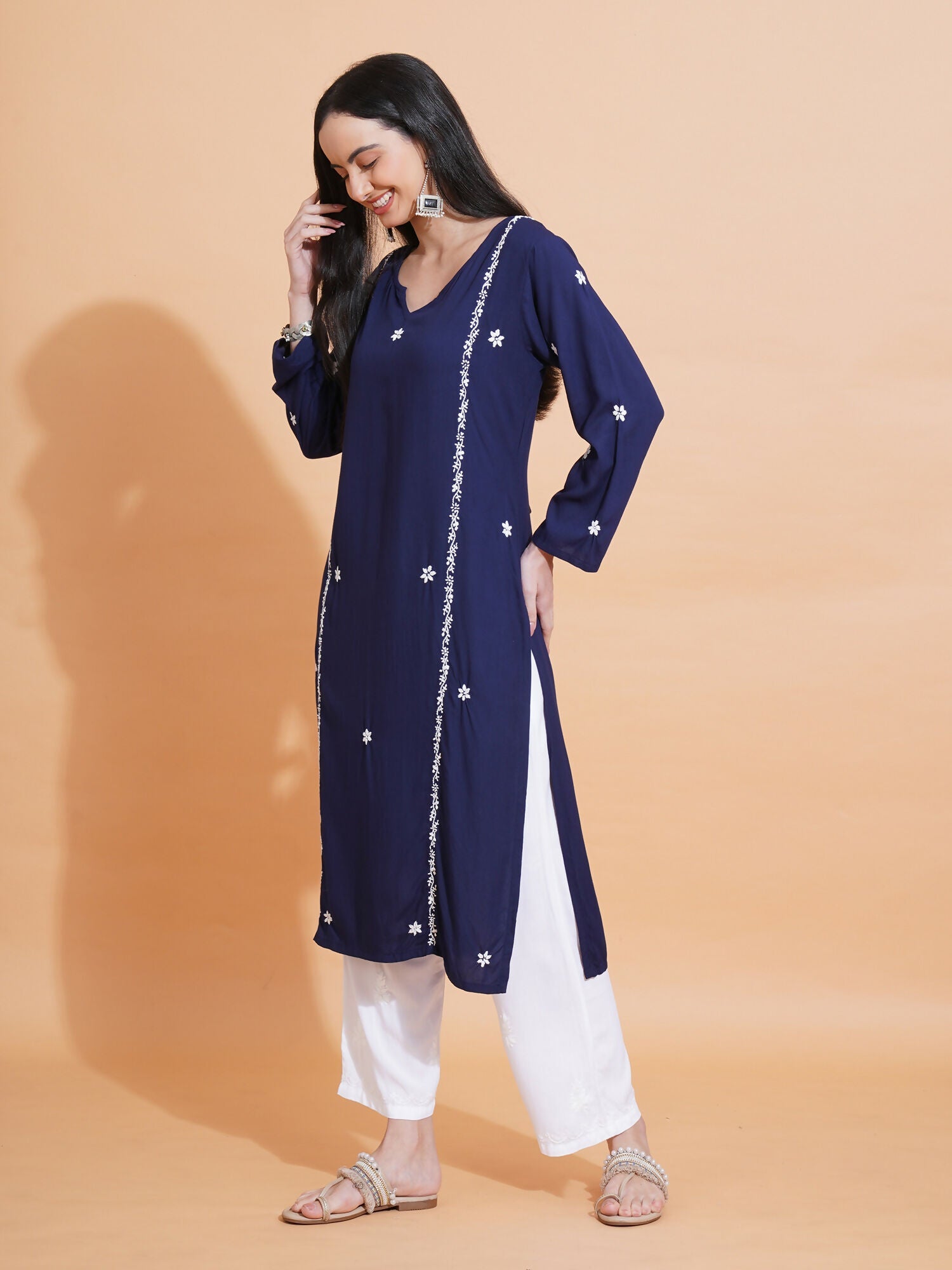 Pahnaz Luxury Rayon Chikankari Long Kurti-Blue | Grocsy