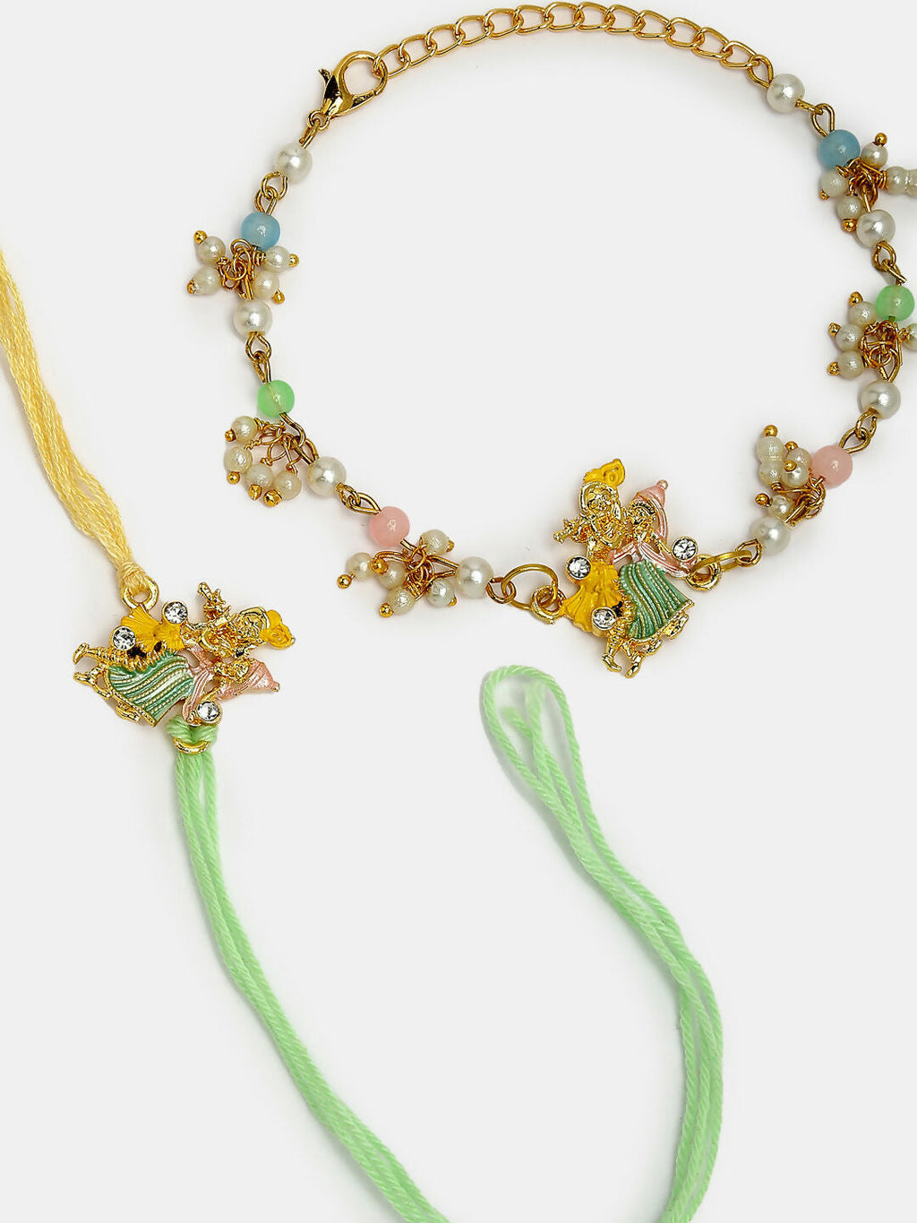 NVR Women & Men Set of 2 Multicolor Gold-Toned Radha Krishna Beaded Bhaiya Bhabhi Rakhi With Roli Chawal | Grocsy
