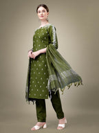 Jyoti Fashion Women's Mehendi Cotton Blend Embroidery & Sequence work Kurta with Trouser & Dupatta | Grocsy