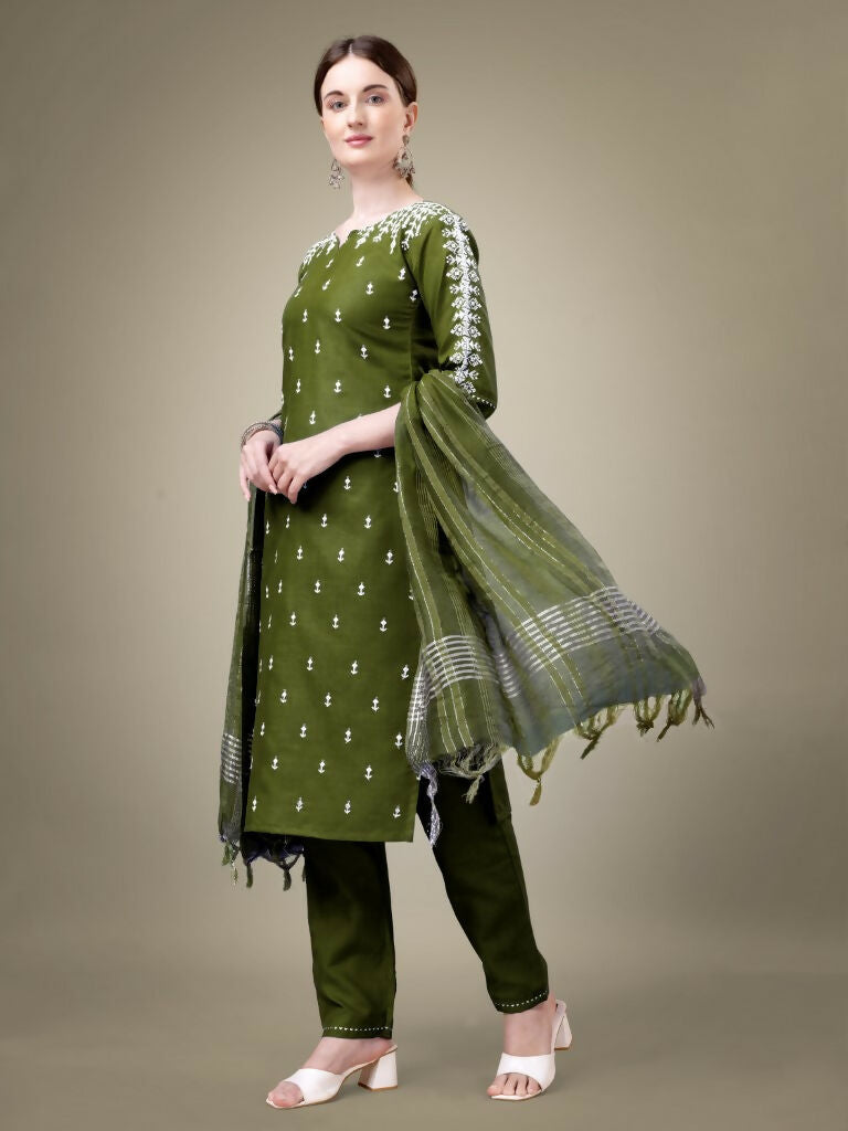 Jyoti Fashion Women's Mehendi Cotton Blend Embroidery & Sequence work Kurta with Trouser & Dupatta | Grocsy
