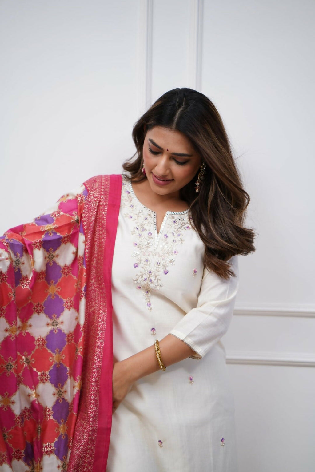 The52 Off White Beautiful Embroidered Viscose Chanderi Fabric Straight Kurta Pant with Dupatta Set | Grocsy