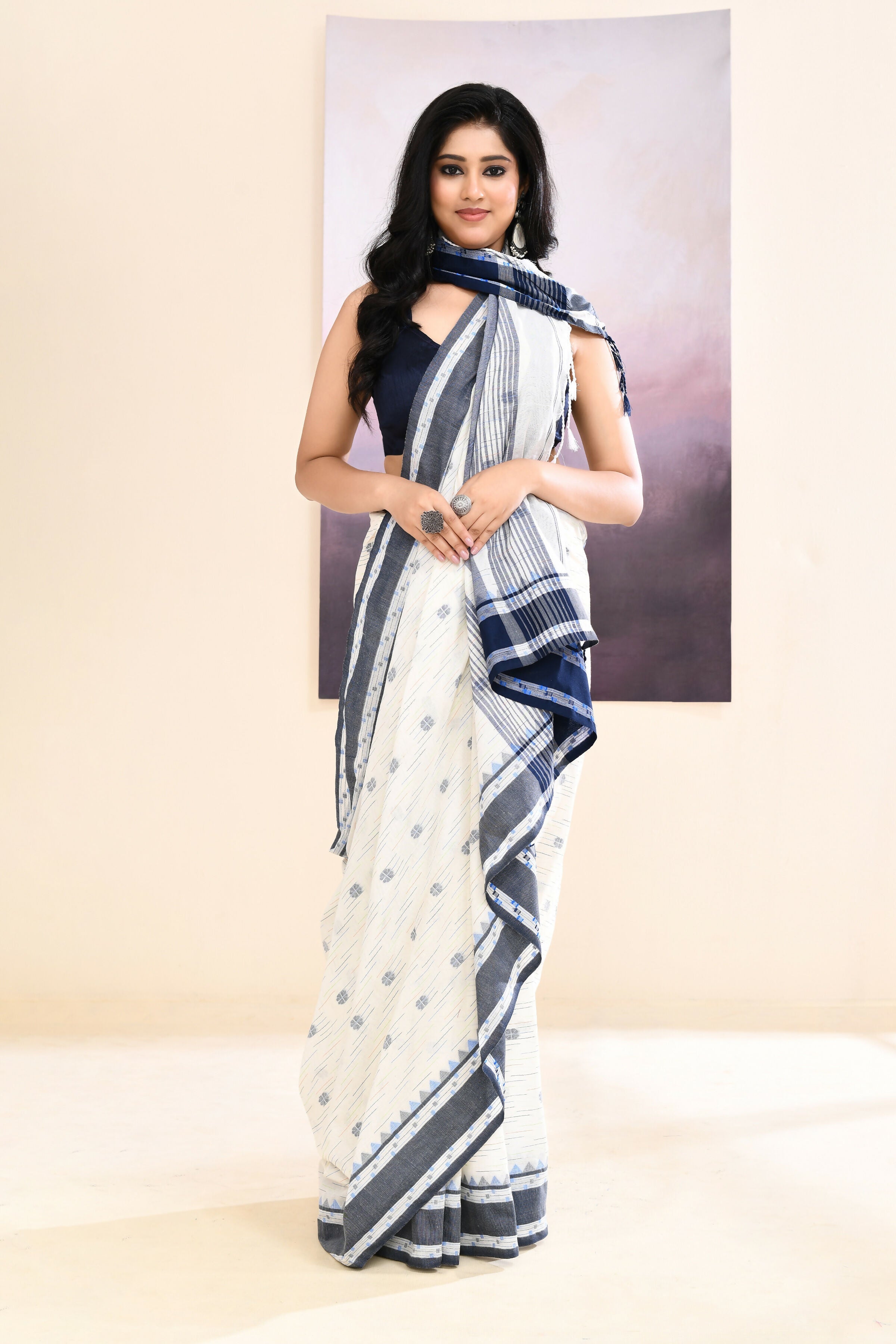 Piyari Fashion Women's White Embellished Cotton Saree | Grocsy