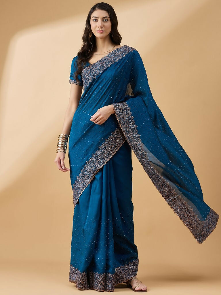 Blue Silk Blend Embroidered Saree with Unstitched Blouse - Vairagi | Grocsy