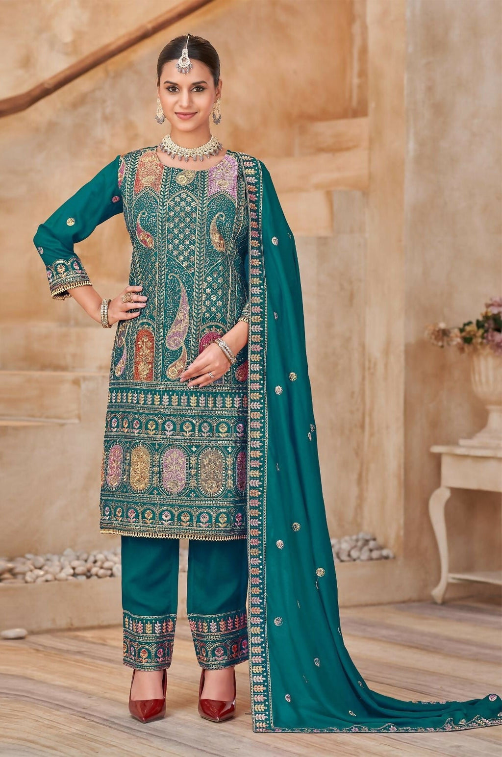 Anaita Teal Vichitra Silk Readymade Suit with Embroidery & Lace Work | Grocsy