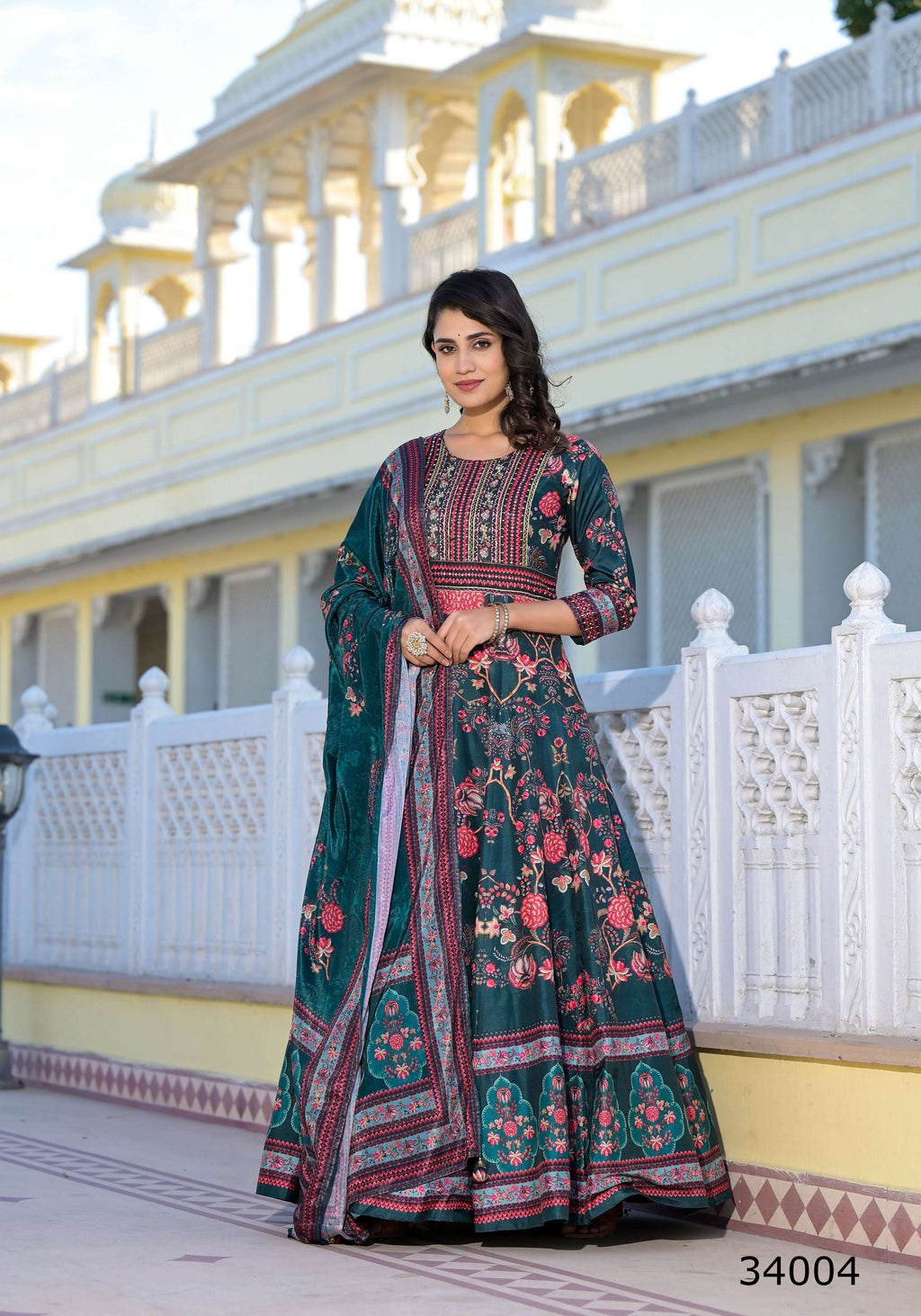 Partywear Designer Green Dola Silk Anarkali suit with Dupatta - Suzen | Grocsy