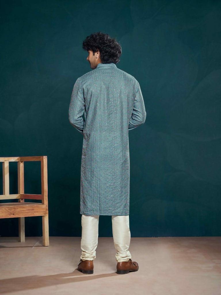 Blue Viscose Designer Sequance Embroidery Work Men's Kurta Set - Mahotsav | Grocsy
