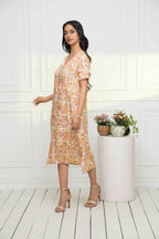Myshka Women Multi-Abstract Rayon A-Line V-Neck Dress | Grocsy