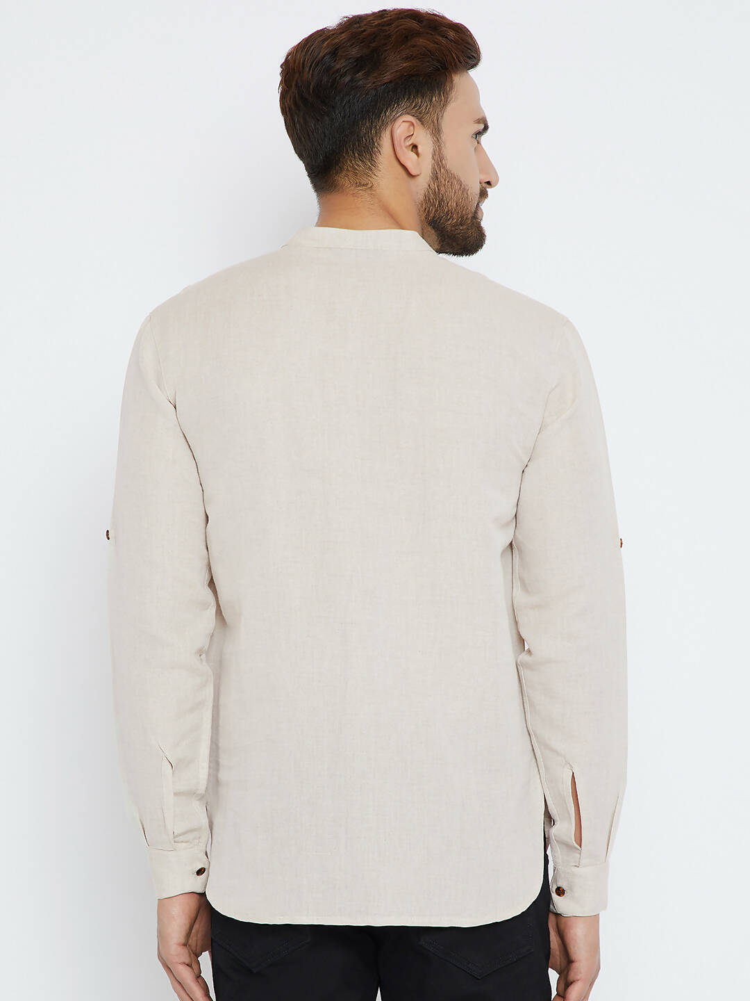 Even Apparels Beige Linen Linen Men's Kurta With Band Collar | Grocsy