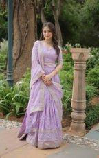 Lorenvalley Lavender Pure Viscose Jacquard with Golden Embroidered Sequins work Lehenga Choli | Grocsy
