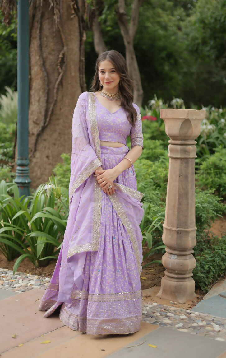Lorenvalley Lavender Pure Viscose Jacquard with Golden Embroidered Sequins work Lehenga Choli | Grocsy