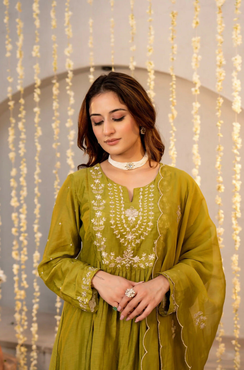 The52 Women's Beautiful Embroidery Work Chanderi Silk Fabric Flared Kurta Pant and Dupatta Set-Light Green | Grocsy
