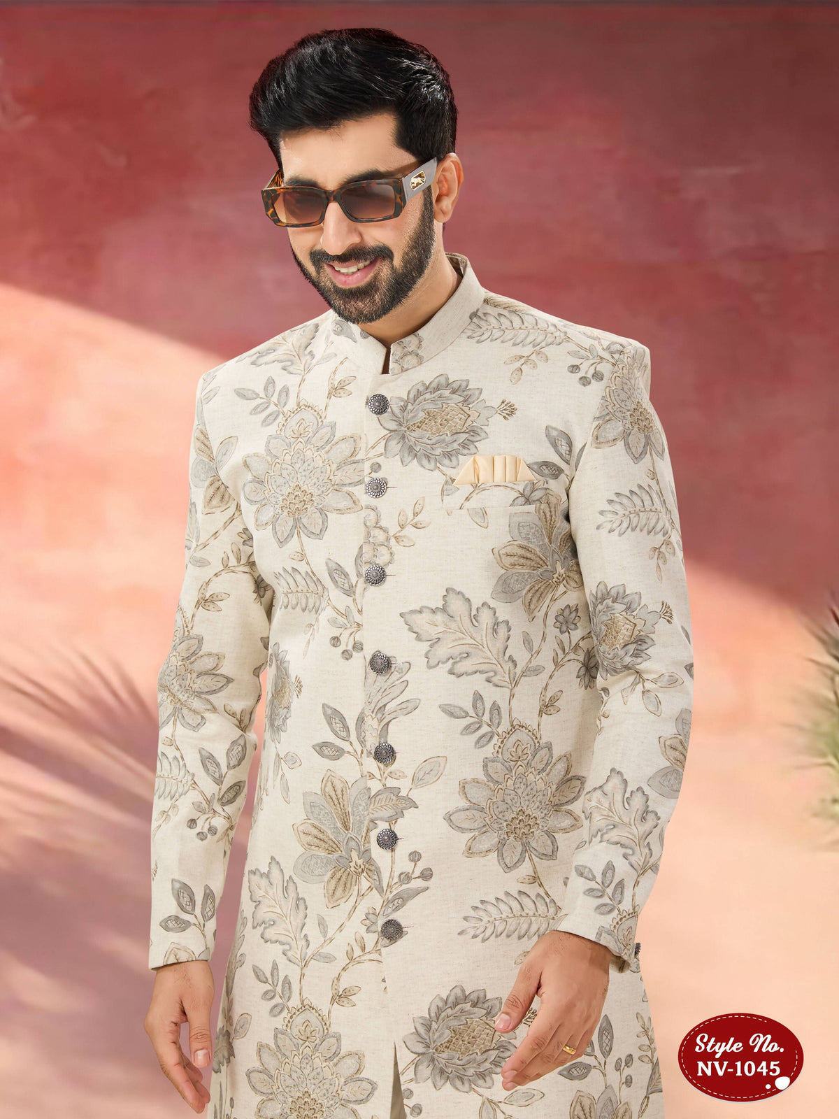 Joban Fashion Men's Beige Base Straight Swed Velvet Self-Design In Fabric Indo-Western Kurta Set | Grocsy