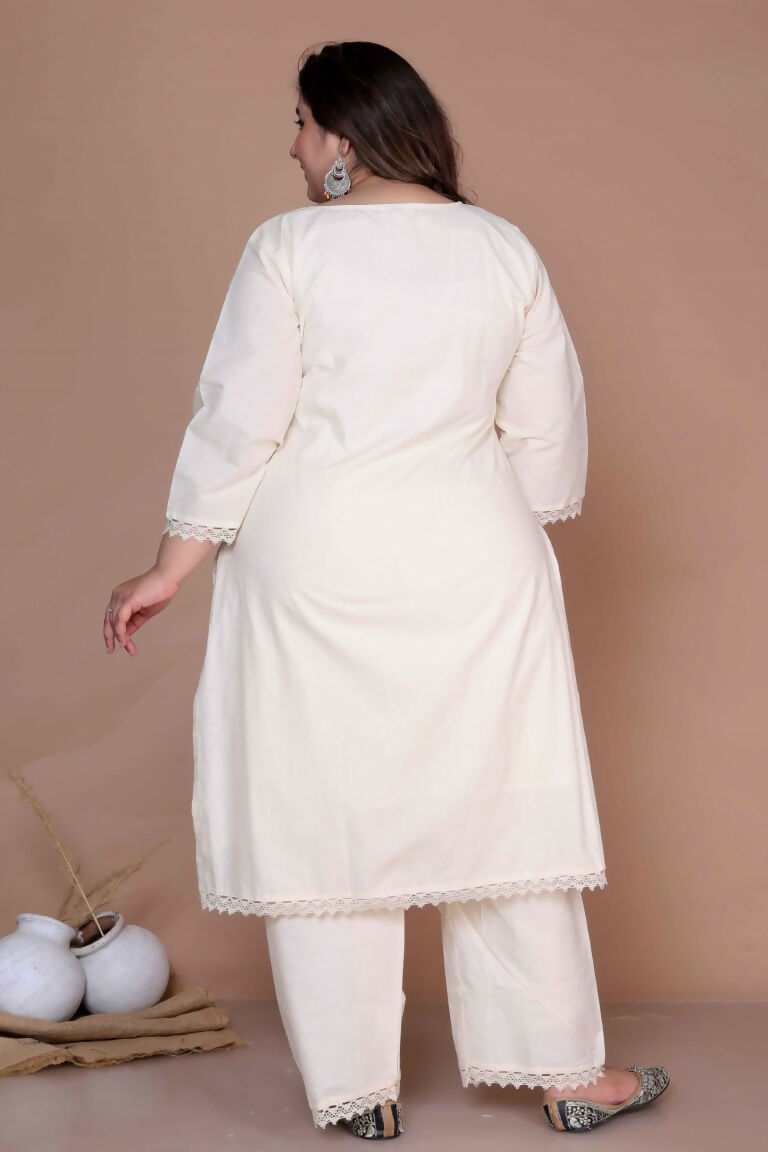 Miravan Women's Plus Size Cream Ethnic Motifs Hand Block Cotton Pakistani Kurta Palazzo With Dupatta | Grocsy