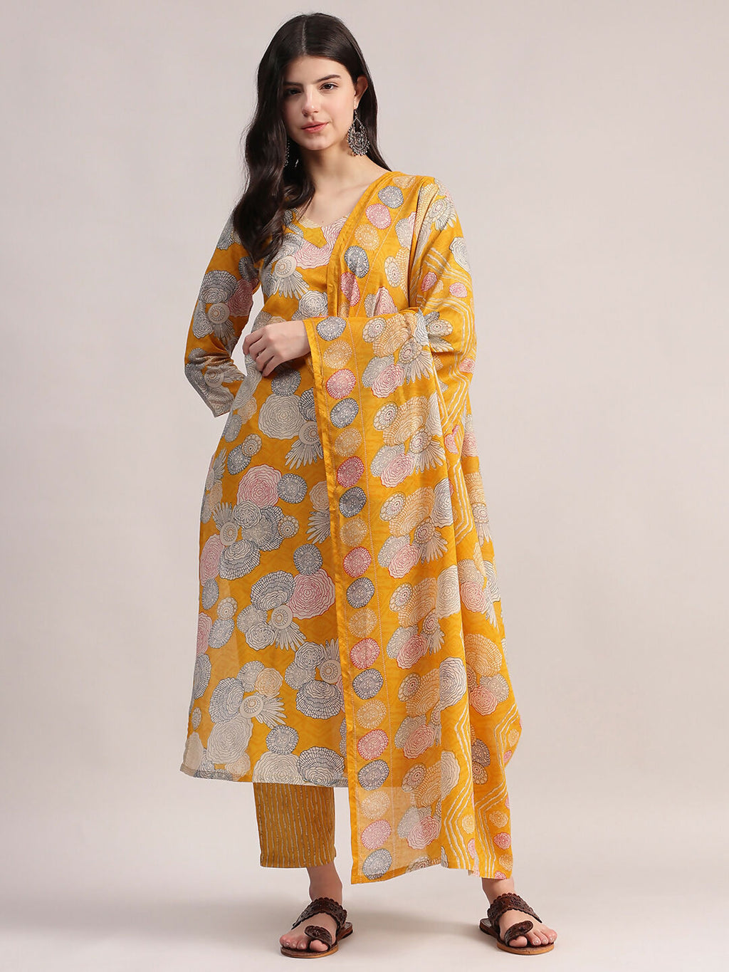 Aavyora Women Yellow Floral Printed Kurta with Striped Pants & Dupatta Set | Grocsy