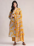 Aavyora Women Yellow Floral Printed Kurta with Striped Pants & Dupatta Set | Grocsy