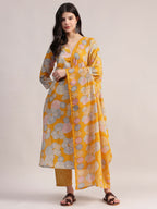 Aavyora Women Yellow Floral Printed Kurta with Striped Pants & Dupatta Set | Grocsy