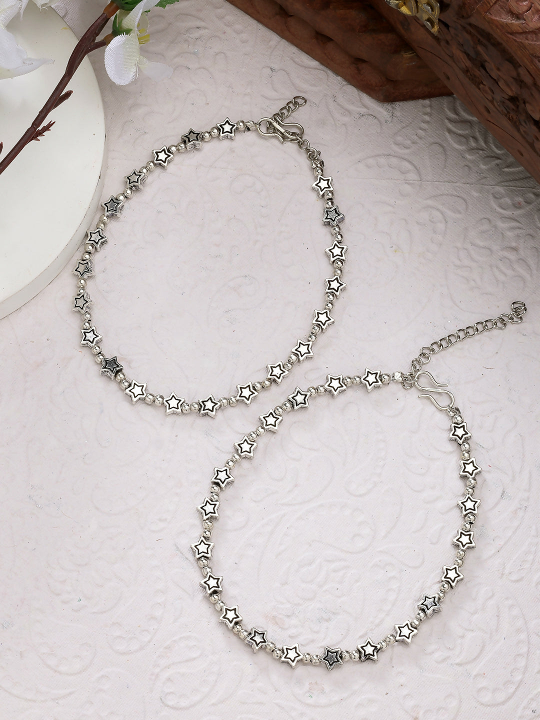 NVR Women's Set of 2 Silver-Plated Star Design Anklets | Grocsy