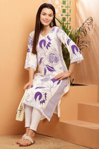 Cheera Women Stylish Hand Block Printed Cotton Blend Flared Kurta - Off White | Grocsy