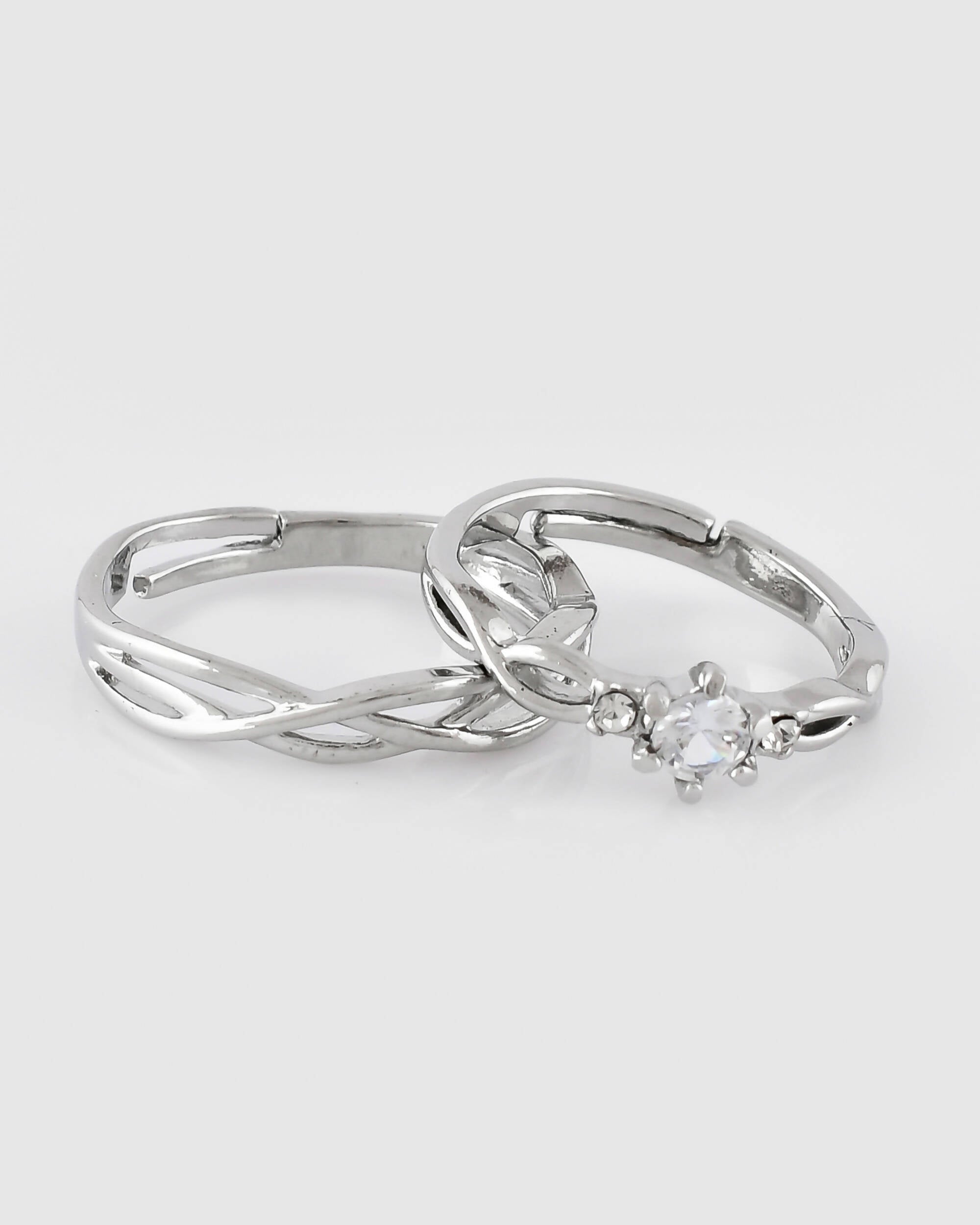 VOJ Stainless Steel Cubic Zirconia Silver Plated Adjustable Ring Set for Couple | Grocsy
