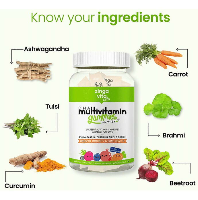 Zingavita DHA Multivitamin Gummies with Honey for Kids (2+ yrs) - Mixed Fruit | Grocsy