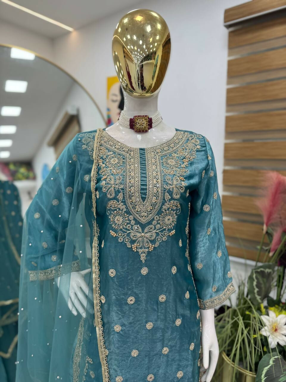 Teeya Creation New Trendy Womens Wedding Wear Kurta Palazzo Set - Teal | Grocsy