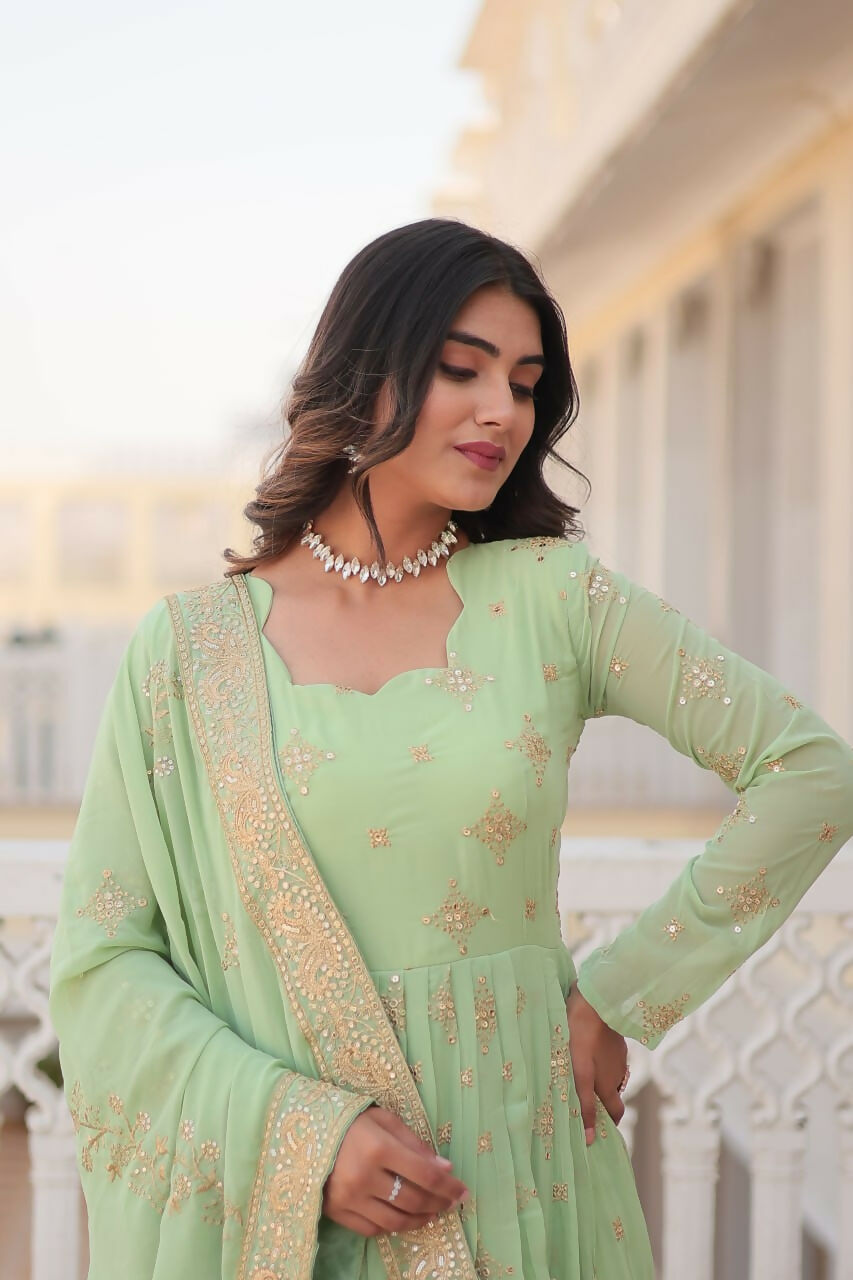 Vastranavya Faux Georgette with Zari & Sequins Embroidery Work Gown with Dupatta - Turquoise | Grocsy