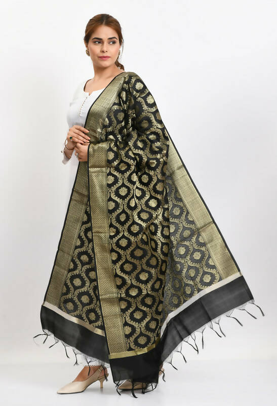 Mominos Fashion Moeza Women's Banarsi Silk All Over Woven Design Black Dupatta | Grocsy