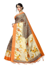 Vamika Multicolor Orange Kalamkari With Jhalar Khadi Silk Saree | Grocsy