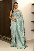 Joban Fashion Firozi Saree Tissue Zari Buti Anchal Applick With Contrast Blouse | Grocsy