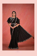 Black Crepe Silk Satin Cord & Sequence Embroidery with Stone & Moti Work Saree With Stitched Blouse - Mohmanthan Elegancia | Grocsy