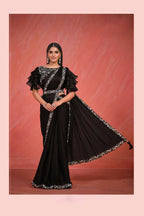 Black Crepe Silk Satin Cord & Sequence Embroidery with Stone & Moti Work Saree With Stitched Blouse - Mohmanthan Elegancia | Grocsy