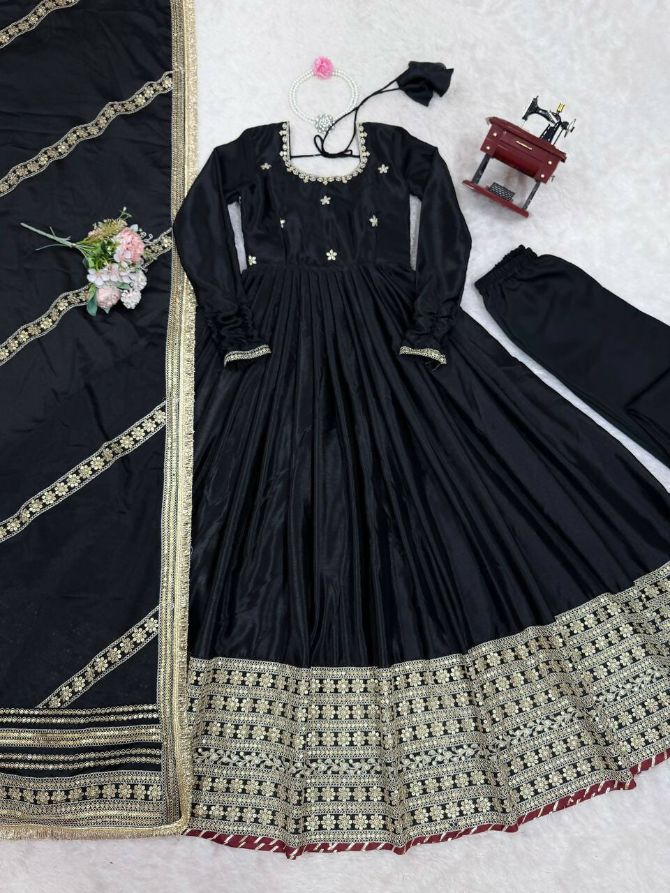The52 Women's Gorgeous Chinon Silk Fabric Embroidery Work Flared Anarkali Pant and Dupatta Set | Grocsy