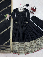 The52 Women's Gorgeous Chinon Silk Fabric Embroidery Work Flared Anarkali Pant and Dupatta Set | Grocsy