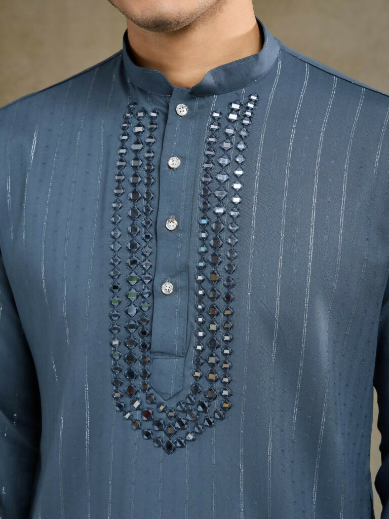 Vastranavya Blue Grey Exclusive Viscose Rayon Festival Wear Real Mirror Work Kurta with Dupatta | Grocsy