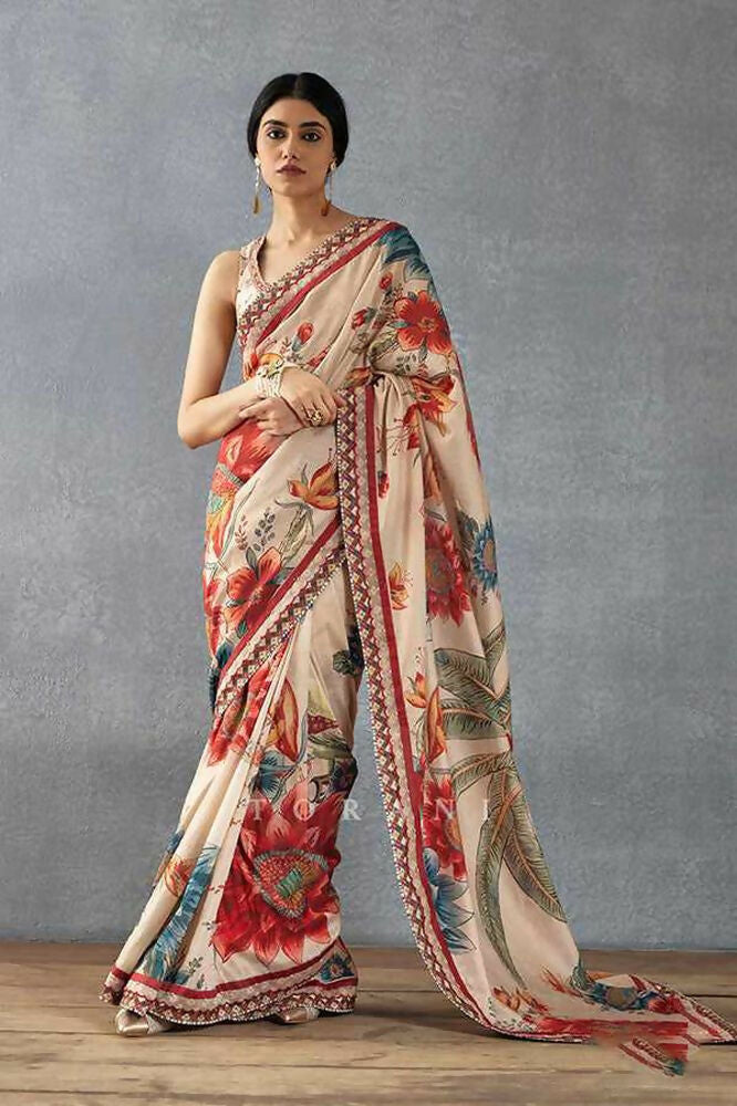 Beige Bright Moss Designer Digital Printed Party Wear Saree - Be Verly | Grocsy