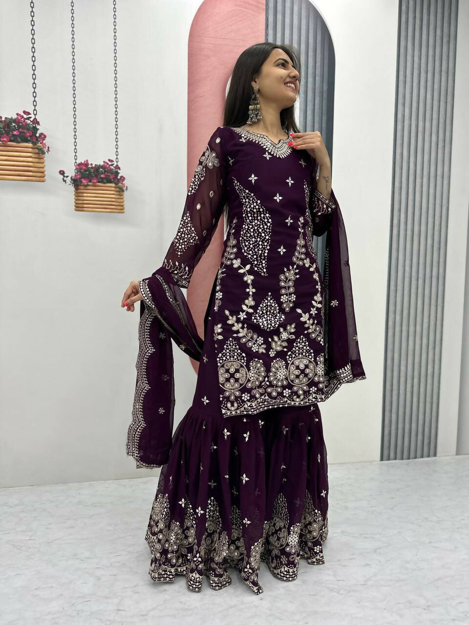Teeya Creation Womens New Heavy Fox Georgette Fabric With Heavy Embroidery Work Wine Kurta Set | Grocsy