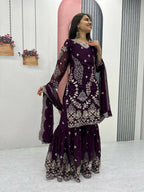 Teeya Creation Womens New Heavy Fox Georgette Fabric With Heavy Embroidery Work Wine Kurta Set | Grocsy