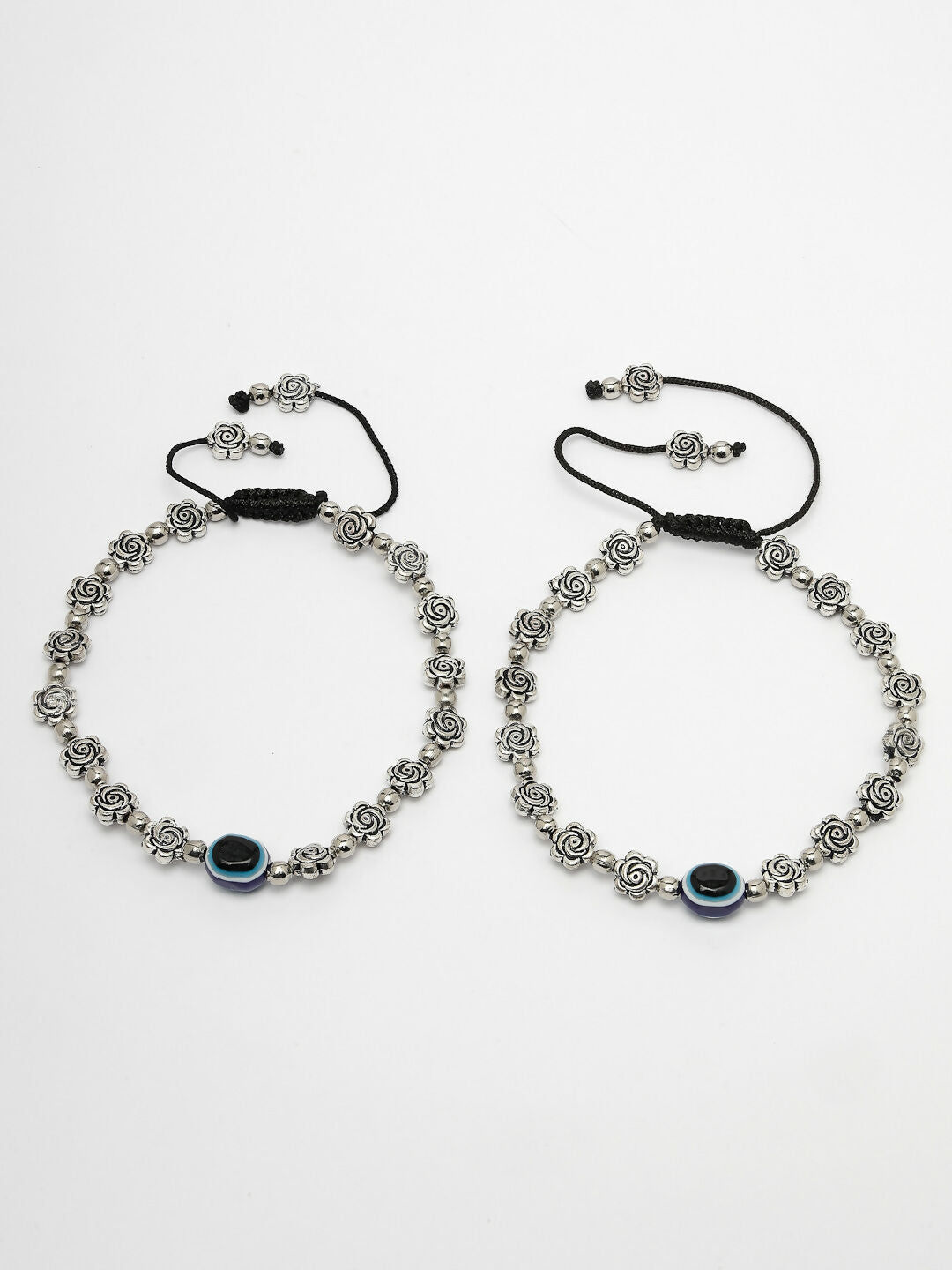 NVR Women's Evil Eye Black Silver Plated Adjustable Anklets | Grocsy