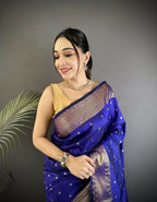 Joban Fashion Royal Blue Butti Woven Soft Lichi Silk Paithani Saree | Grocsy
