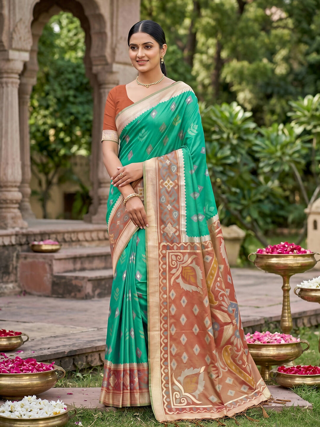 Shree Shyam Fashion Rama Green Soft Silk Saree | Grocsy