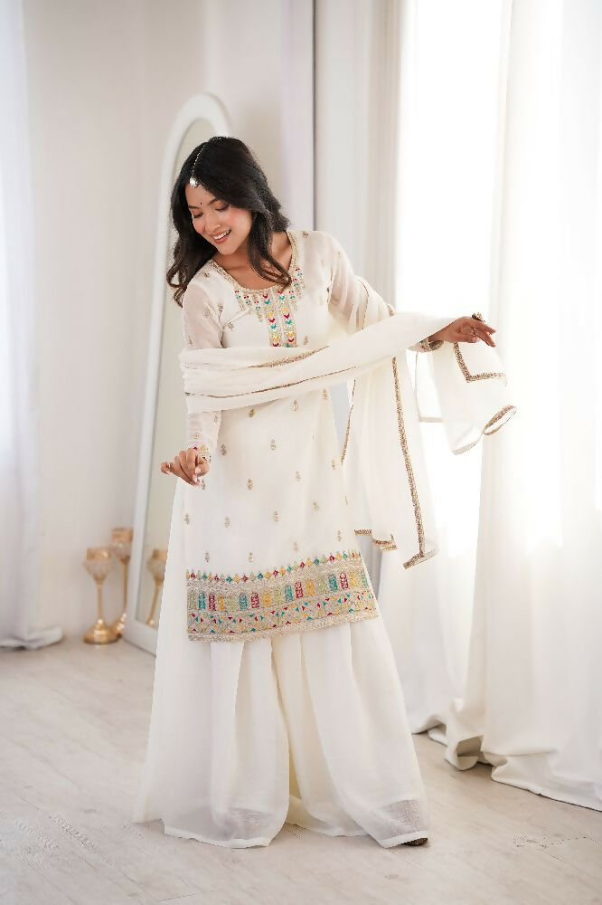Teeya Creation White Color Soft Crunchy Silk Party Wear Designer Sharara set | Grocsy