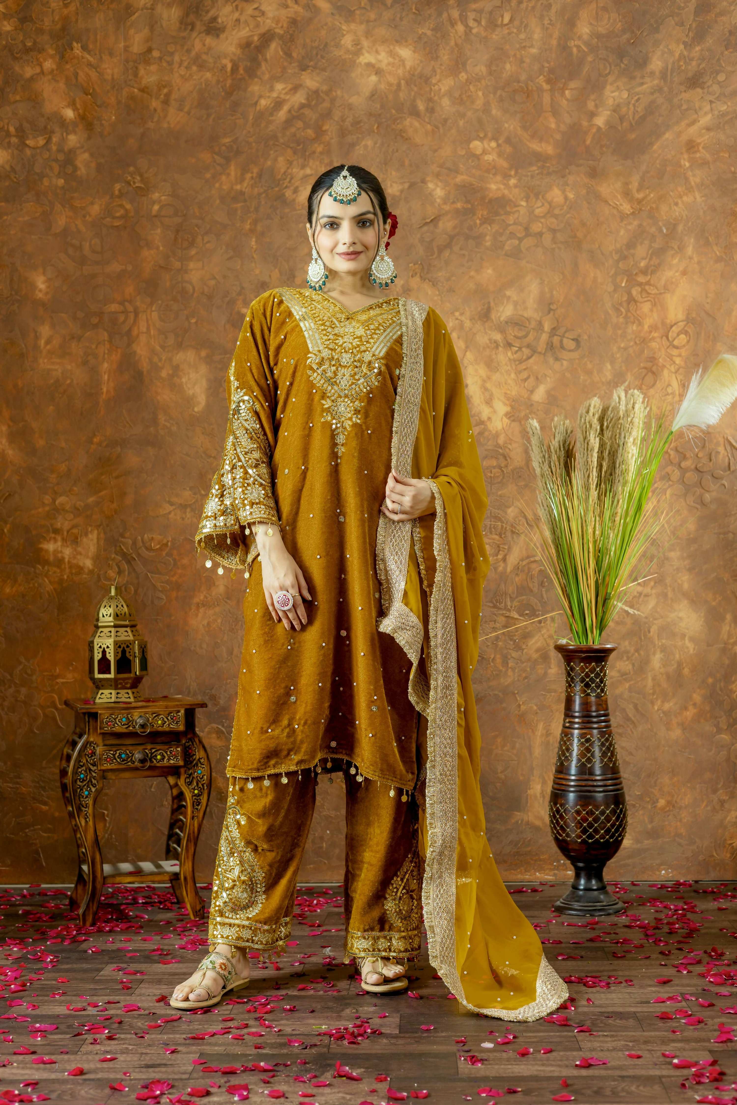 Joban Fashion Mustard Gold Velvet Embroidery Kurta Set | Grocsy