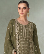 KC Mahendi Green Pakistani Straight Suit For Women Chiffon | Grocsy
