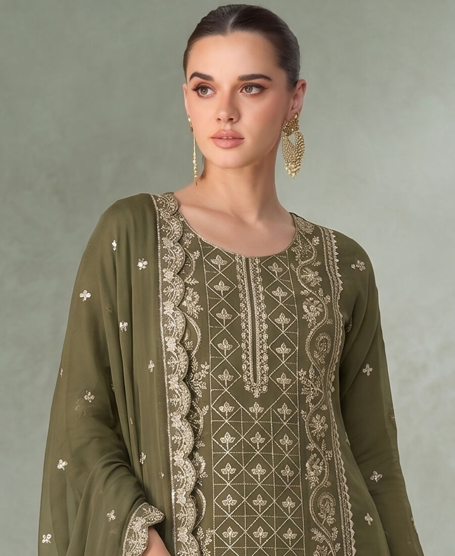 KC Mahendi Green Pakistani Straight Suit For Women Chiffon | Grocsy